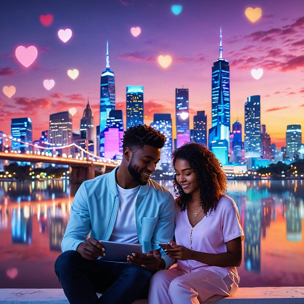 A romantic digital scene showcasing a couple engaged in a video call, surrounded by virtual hearts and floating technology symbols like smartphones and tablets. The background features glowing city skyline and soft pastel colors blending seamlessly, reflecting a warm and intimate atmosphere of connection in the digital age. super-realistic. vibrant colors. soft focus.