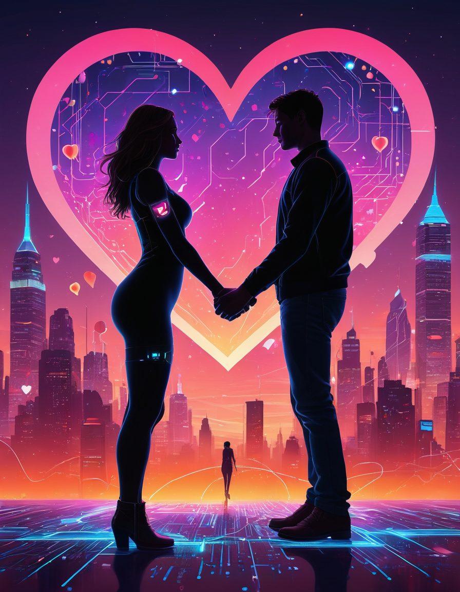 A vibrant digital landscape depicting two silhouettes engaged in a playful cyber flirt, with glowing hearts connecting them through pixelated lines. The background features a blend of tech motifs like circuit boards and social media icons, subtly transitioning to symbols of genuine connection, like intertwined hands and warm colors. The image should balance a modern tech feel with elements of warmth and intimacy. super-realistic. vibrant colors. digital art.
